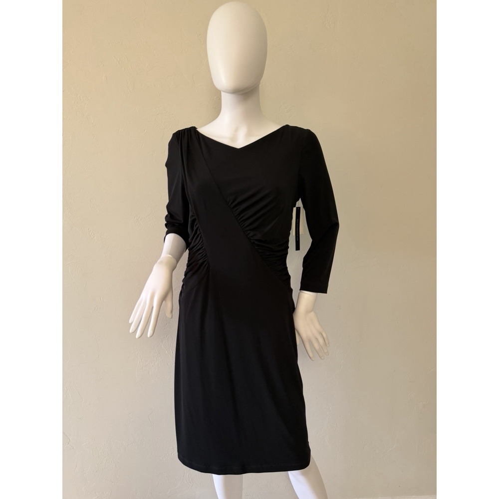 NWT David Meister Sheath Dress Ruched Jersey 3/4 Sleeve Black Knee Length Size 8